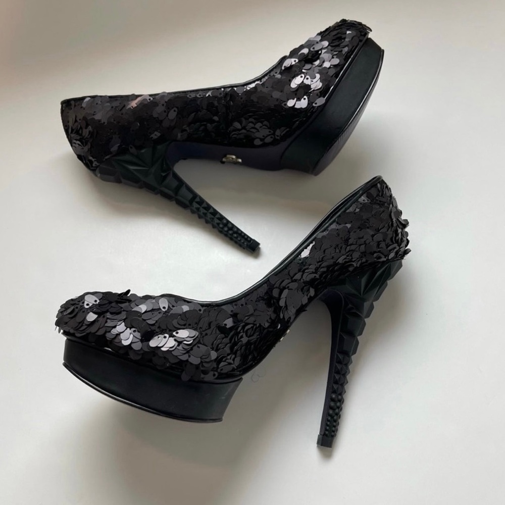 Womenโs Geometric Black Sequined Heeled Pumps High Heels Shoes